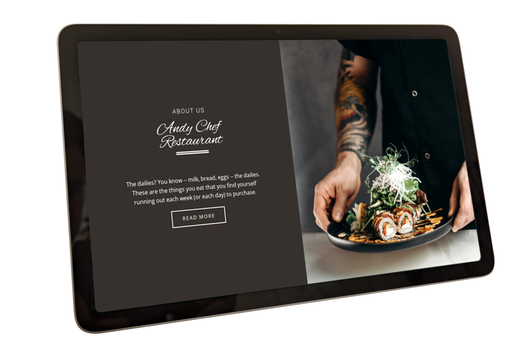 A tablet displaying a beautifully designed restaurant website, showcasing menus, reservation options, and ambiance, inviting visitors to savor the dining experience.