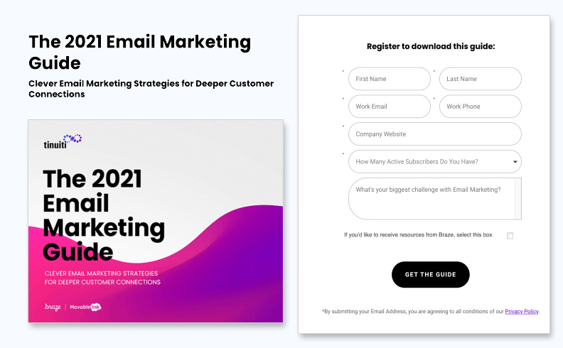 Free Resource squeeze page for Tinuiti’s email marketing guide, featuring an opt-in form and call-to-action for downloading the guide.