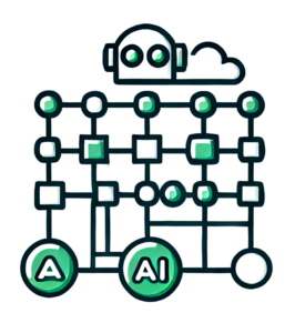 An AI Sitemap image displaying a structured layout of website pages connected by lines, with a robot symbolizing AI-powered navigation and indexing.