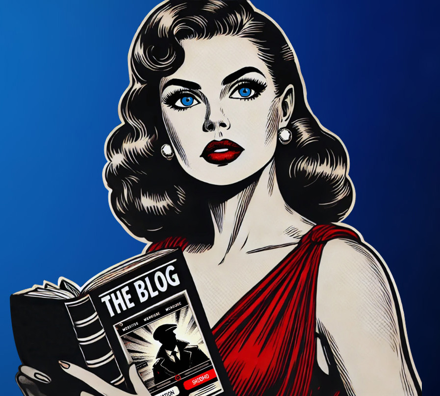 Film noir illustration of a mysterious woman reading a book titled 'The Blog' in dramatic black, white, and red tones.