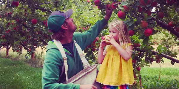 Mead Web Design and Marketing: A father and daughter pick apples at Hidden Acres, reflecting the area's family-focused values.