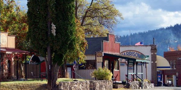 Main street storefronts and small businesses in historic downtown Harrison