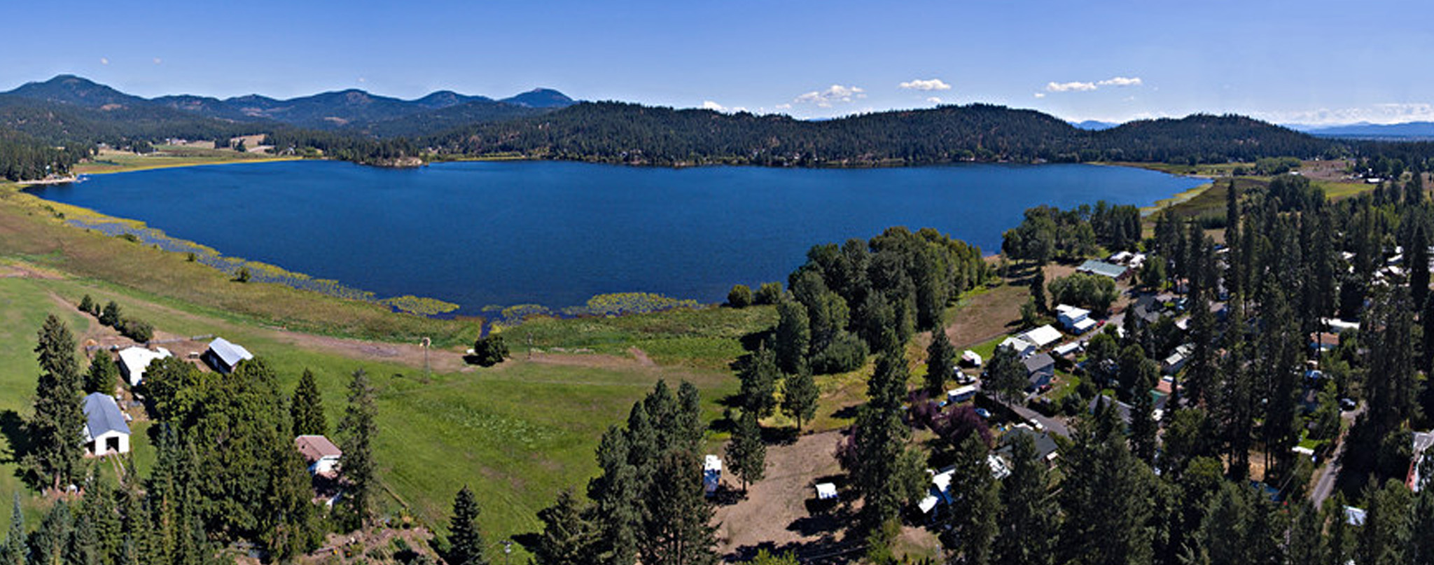 Dusk light falling on gravel backroad through pine forest in Hauser